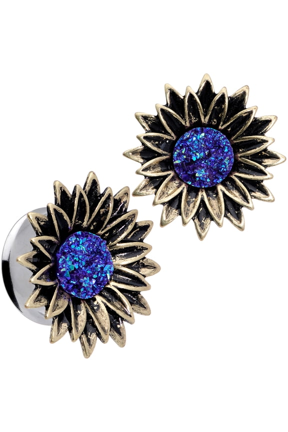 Womens 2Pc 7/8" Stainless Steel Double Flare Blue Center Flower Plug Ear Plug Gauges Set of 2