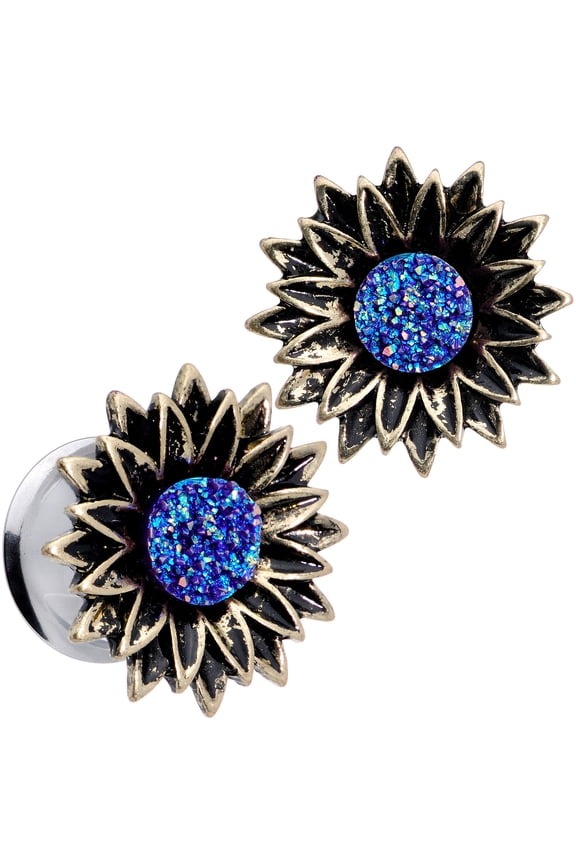 Womens 2Pc 9/16" Stainless Steel Double Flare Blue Center Flower Plug Ear Plug Gauges Set of 2