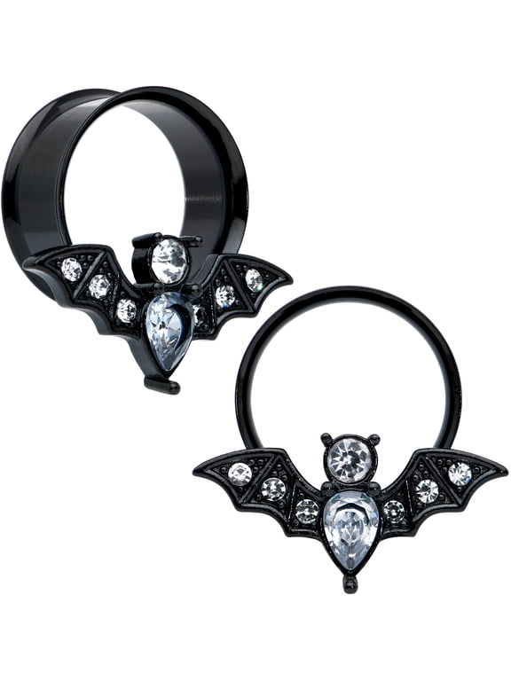 Womens 2Pc PVD Stainless Steel 3/4" Bat Double Flare Tunnel Plug Earring Ear Plug Gauges Set of 2