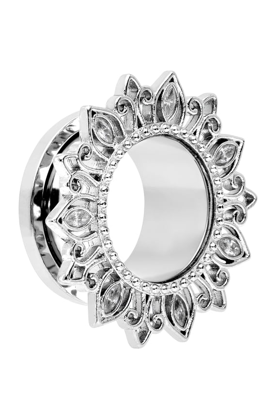 Womens 2Pc Steel Clear Lotus Flower 5/8" Double Flare Screw Fit Tunnel Plug Ear Plug Gauges Set