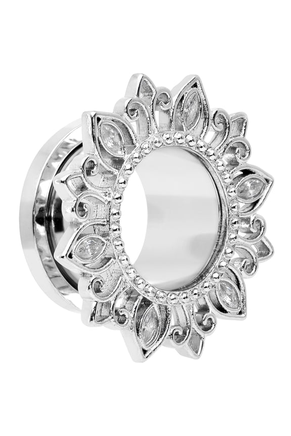 Womens 2Pc Steel Clear Lotus Flower 9/16" Double Flare Screw Fit Tunnel Plug Ear Plug Gauges Set