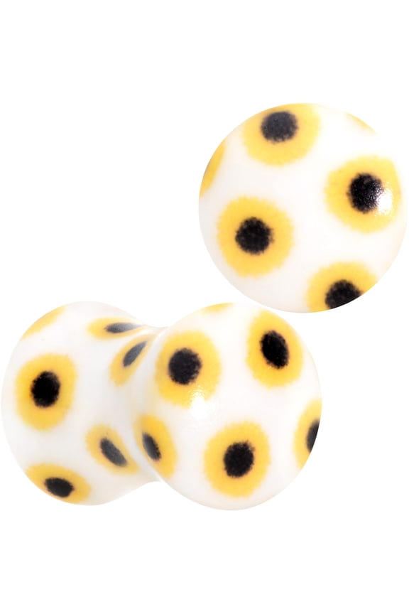 Womens 2Pc White Acrylic Yellow Sunflower Double Flare Tunnel Plug Ear Plug Gauges Set of 2
