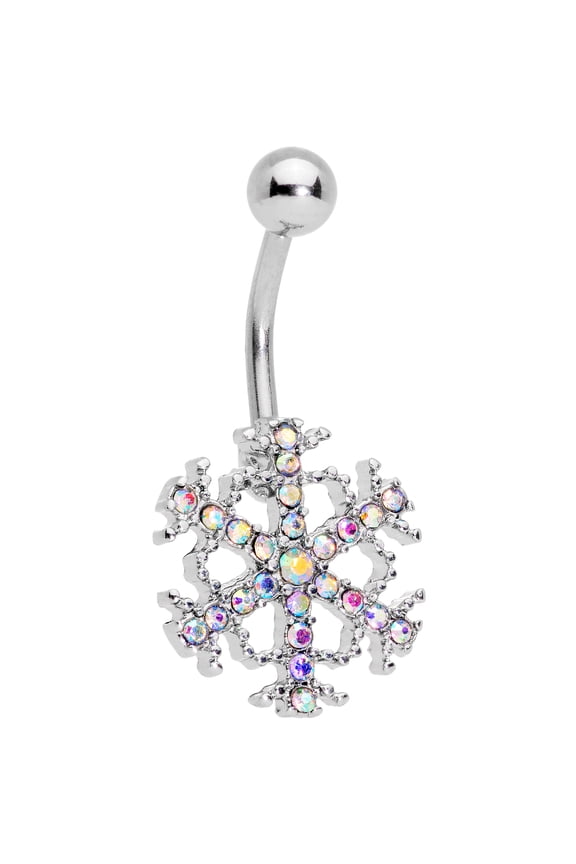 Womens 316L Stainless Steel Navel Ring Piercing Aurora Accent Winter Snowflake Belly Button Ring
