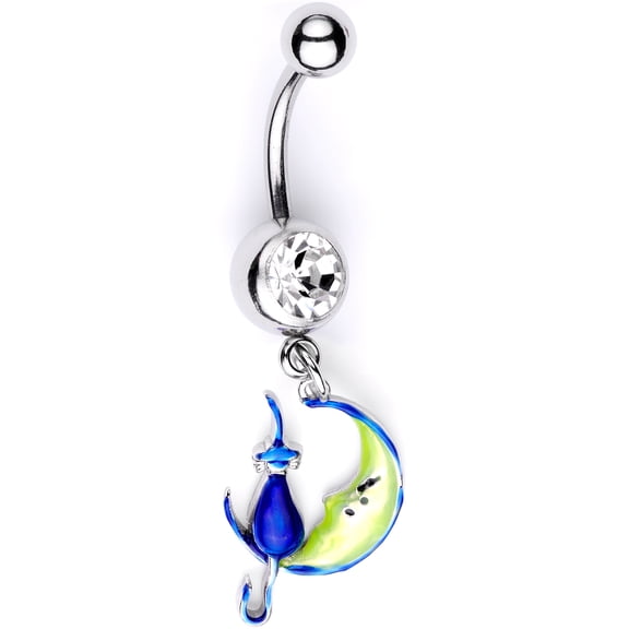 Body Candy Womens 316L Steel Navel Ring Piercing Clear Accent Witch Cat Moon Dangle Belly Button Ring
