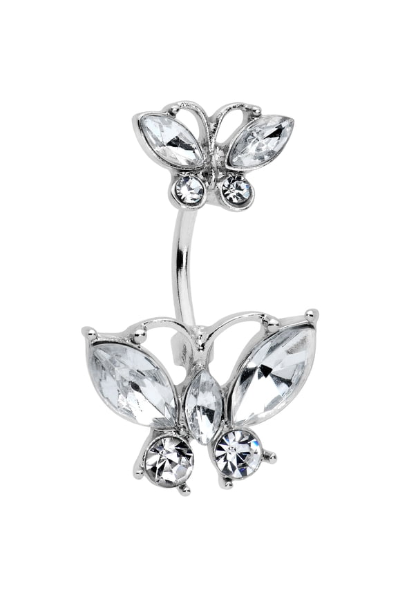 Womens 316L Steel Navel Ring Piercing Clear Double Butterfly Double Mount Belly Button Ring