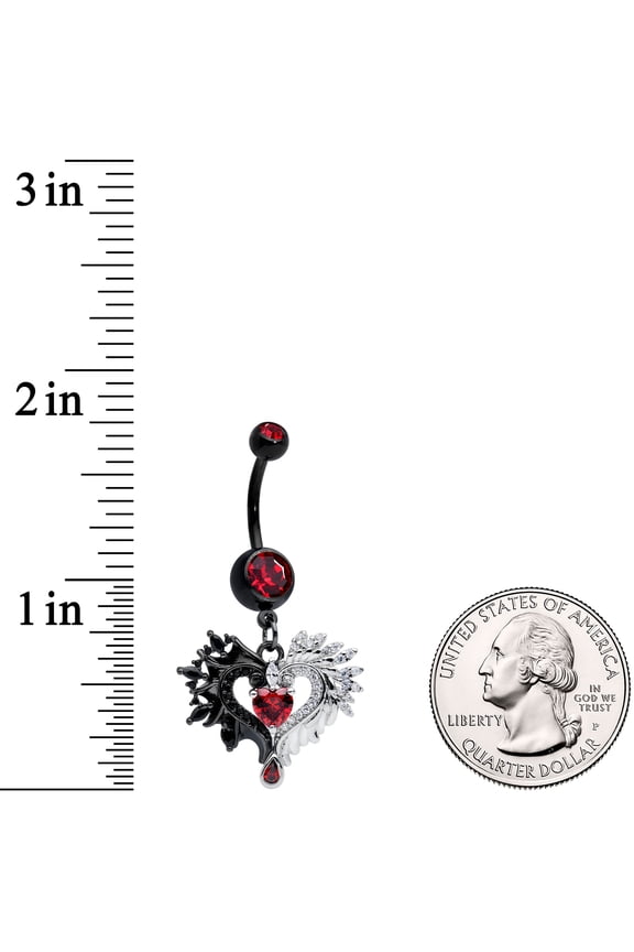 Womens Black Anodized Steel Navel Ring Piercing Red Accent Wing Heart Dangle Belly Button Ring