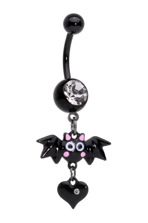 Womens Black Plated Steel Navel Ring Piercing Clear Accent Heart Bat Dangle Belly Button Ring