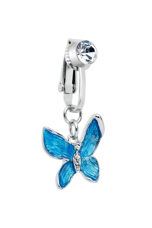 Womens Clip On Navel Ring Fake Piercing Chunky Butterfly Blue Mens Dangle Belly Button Ring