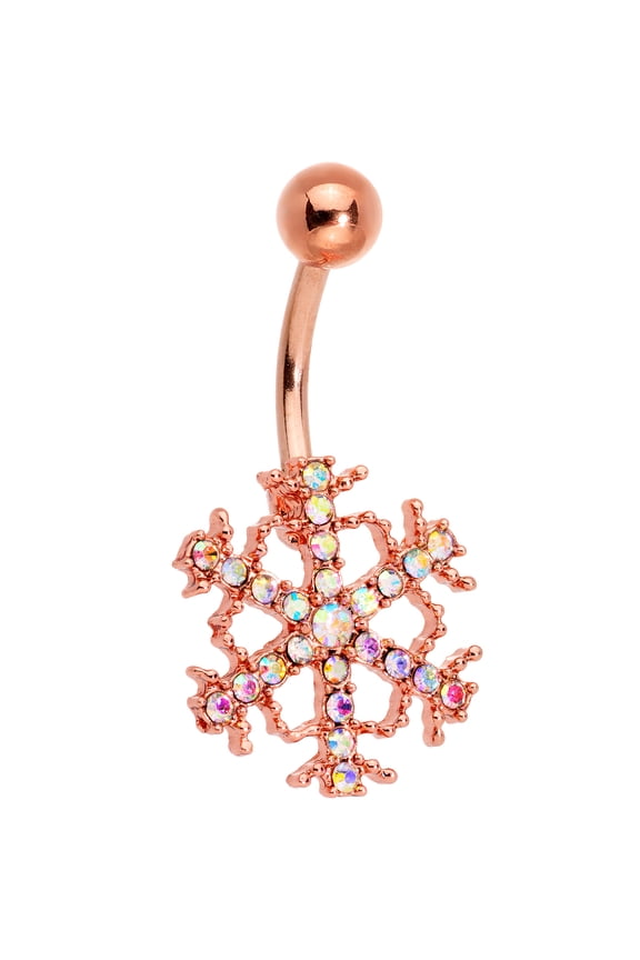 Womens Plated Steel Navel Ring Piercing Aurora Accent Rosy Winter Snowflake Belly Button Ring