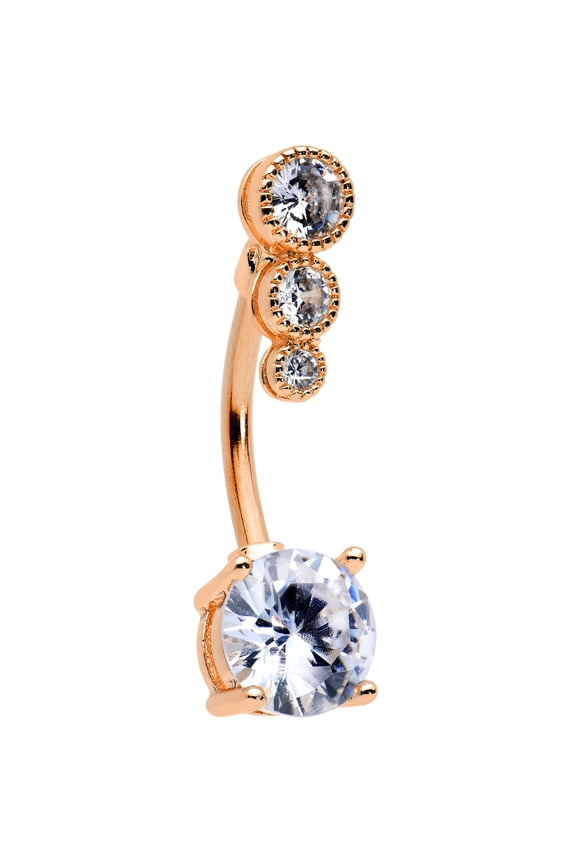 Womens Plated Steel Navel Ring Piercing Rosy Clear Triple Drop Double Mount Belly Button Ring