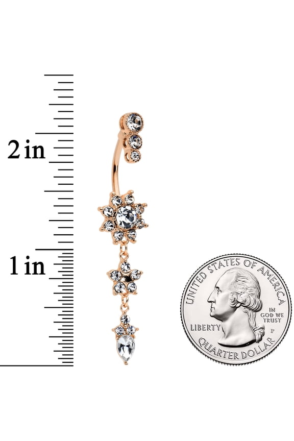 Womens Plated Steel Navel Ring Piercing Triple Rosy Flower Dangle Double Mount Belly Button Ring