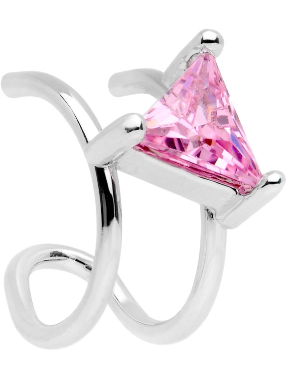 Womens Stainless Steel Pink Accent Triangle Bling Non Pierced Earring Ear Cuff