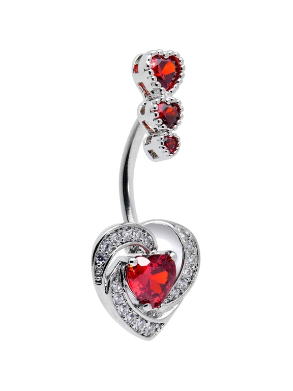 Womens Steel Navel Ring Piercing Red Accent Swirl Heart Valentine Double Mount Belly Button Ring