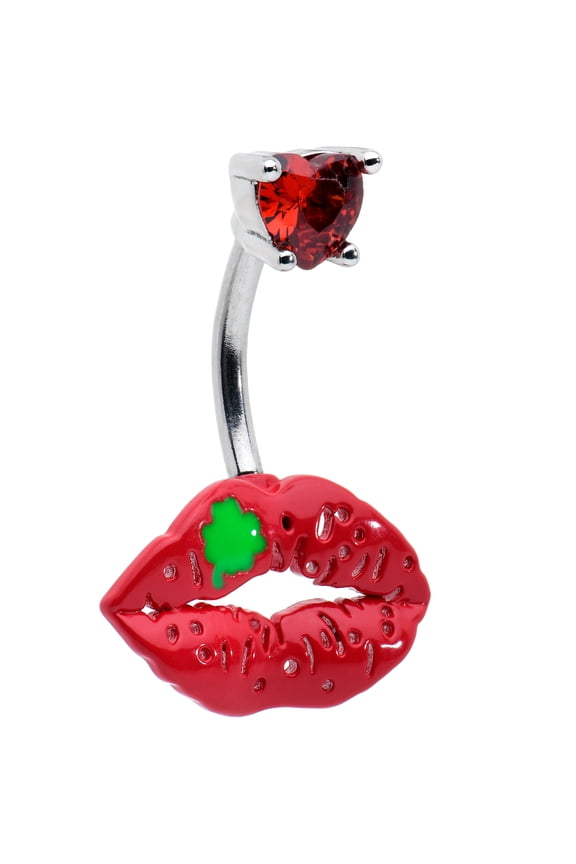 Womens Steel Piercing Lucky Lips St Patricks Day Shamrock Heart Double Mount Belly Button Ring