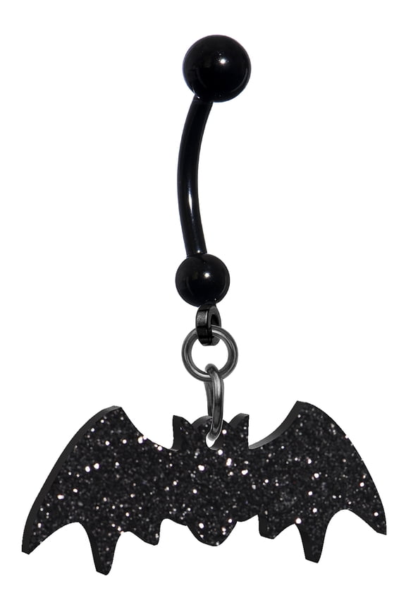 Womens and Mens Glittery Black Bat Belly Ring
