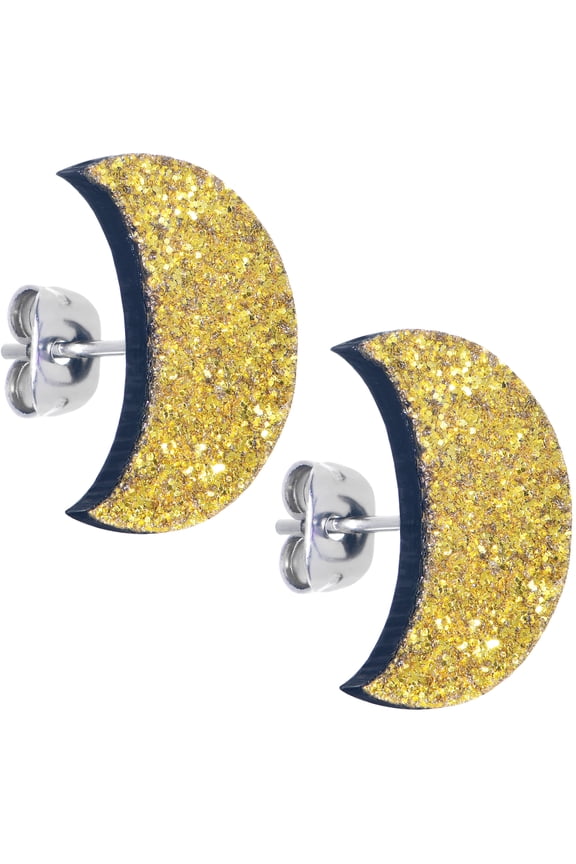 Yellow Clesestial Glitter Crescent Moon Stud Earrings
