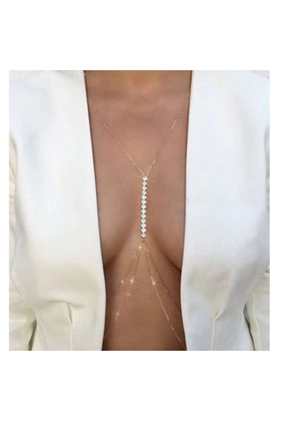 Body Chain Gold Plated with Clear Rhinestones Double Layered Body Harness