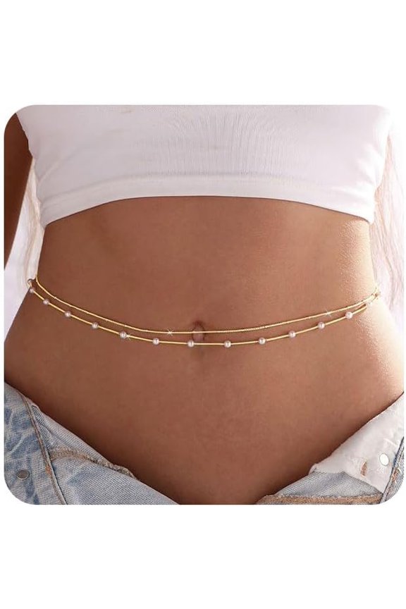Body Chains for Women,14K Gold Dainty Boho Layered Beach Waist Chain Adjustable Bikini Belly Chain Body Chain Jewelry
