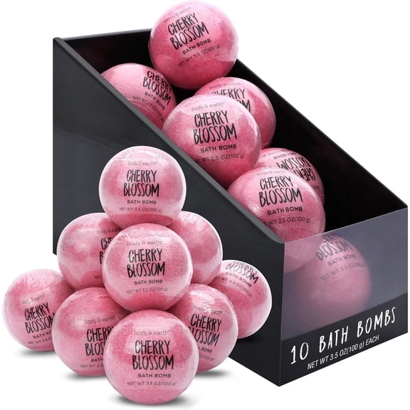 Body & Earth Bath Bombs Gift Sets for Women Valentine's Day - Cherry Blossom Handmade Fizzies Shower Bubble Bombs for Relaxing, 10 X 3.5 oz