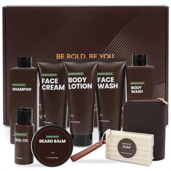 Body & Earth Men's Self-Care Gift Sets for Father's Day, 10Pcs Sandalwood Beard Grooming Kits with Bath and Body Wash, Birthday Gift Baskets for Dad Grandpa