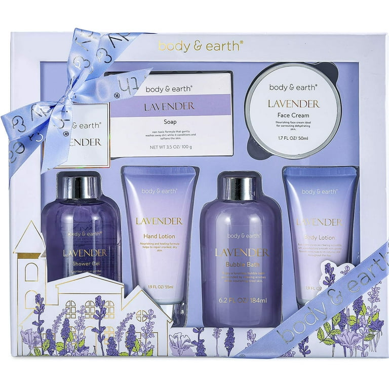 Gift Box for Women - Bath and Body Gifts for Women, Body & Earth Luxurious 6 Pcs Spa Gift Set Lavender Scent with Bubble Bath, Shower Gel, Hand&Face