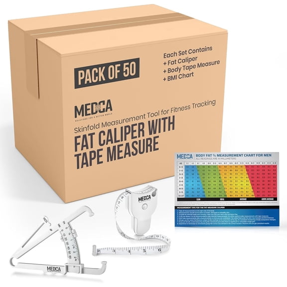 Body Fat Caliper & Measuring Tape Set for Body Measurement, Skinfold Calipers with Body Tape Measure for Fitness & Weight Loss Tracking, White, Case of 50