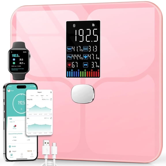 Body Fat Scale,Digital Smart Bathroom Scale for Body Weight,Large Color Display Screen,16 Body Composition Metrics BMI,Water Weigh,Heart Rate,Baby Mode,400lb,Rechargeable-Rosegold
