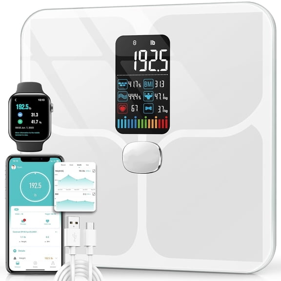 Body Fat Scale,Digital Smart Bathroom Scale for Body Weight, Large Color Display Screen, 16 Body Composition Metrics BMI, Water Weigh, Heart Rate, Baby Mode, 400lb, Rechargeable (White)
