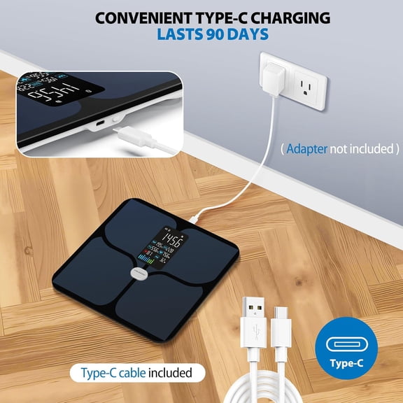 Body Fat Scale Digital Smart Bathroom Scale Large Color Display 16 Metrics Rechargeable Black