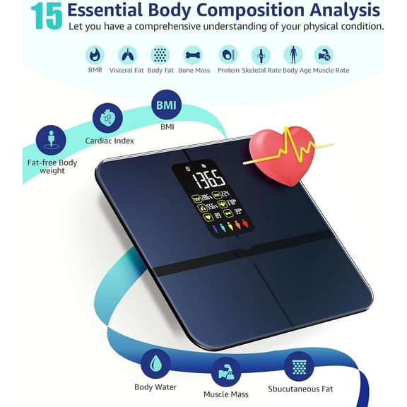 Body Fat Scale, Posture Extra Large Display Digital Bathroom Wireless Weight Scale Composition Analyzer with Heart Rate Heart Index & Body Shape Index with Free APP 400Lb Black