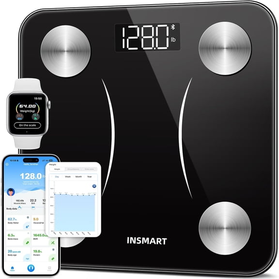 Body Fat Scale Smart Scale for Weight 0.1lb High Accuracy Digital Bathroom BMI Fat Muscle 17 Composition Analyzer Sync with App LED Display 400lb Black