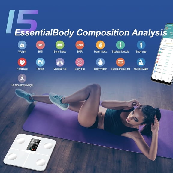 Body Fat Scale with Large VA Display, 15 Body Datas with Heart Rate, Smart Weight Scale Compatible with iOS & Android, Max 400lbs/180kg, 28cm, White