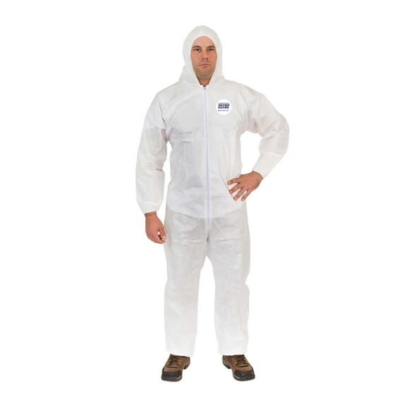 Body Filter 95+ Disposable Coverall Suits (White) | Breathable Cool Material - Professional Protective Body Suit for Dust, Spray, Paint, Insulation, and More (L, Attached Hood, Elastic Wrist & Ankle)