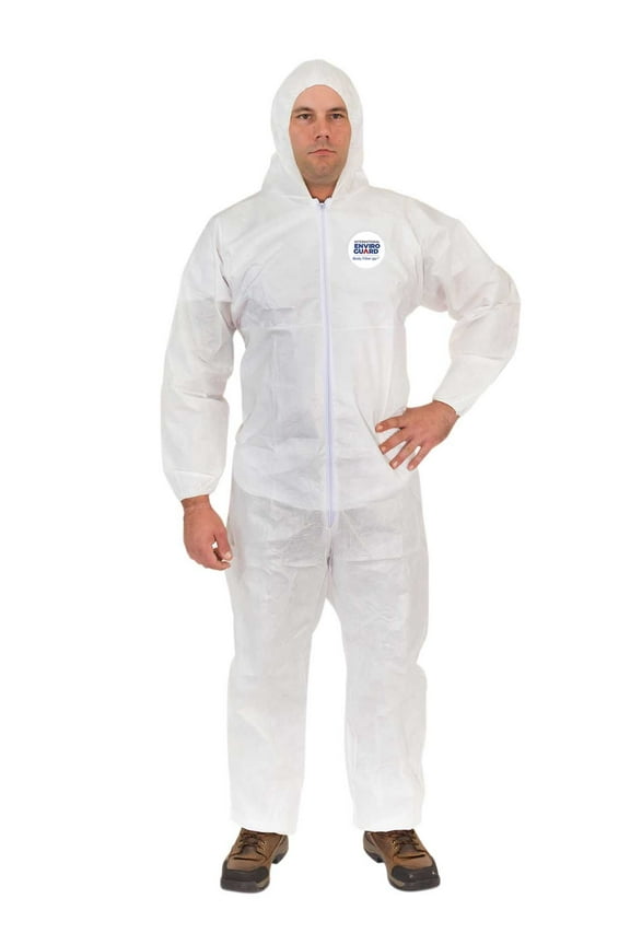 Disposable Coverall Suits (White) | Breathable Cool Material - Professional Protective Body Suit for Dust, Spray, Paint, Insulation, and More (L, Attached Hood, Elastic Wrist & Ankle)