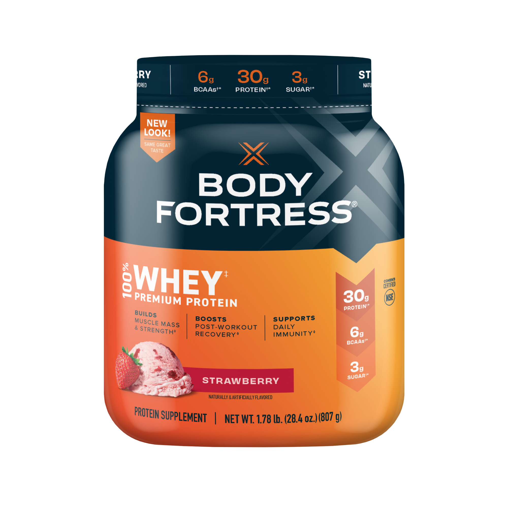 Body Fortress 100% Whey, Premium Protein Powder, Strawberry, 1.78lbs (Packaging May Vary) - image 1 of 8