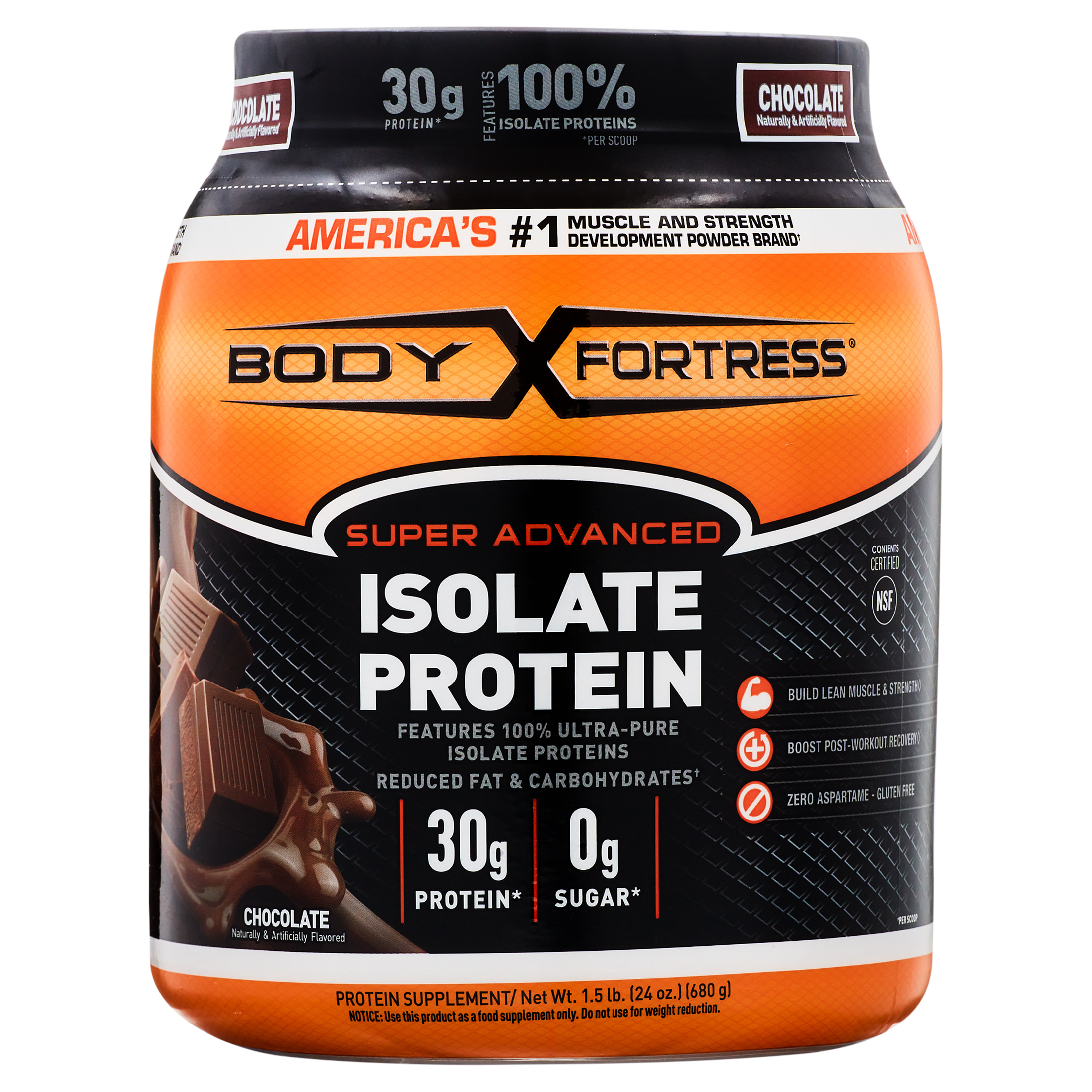 Body Fortress Isolate Powder, 30g Protein per scoop, Chocolate, 1.5 lbs (Packaging May Vary) - image 1 of 6