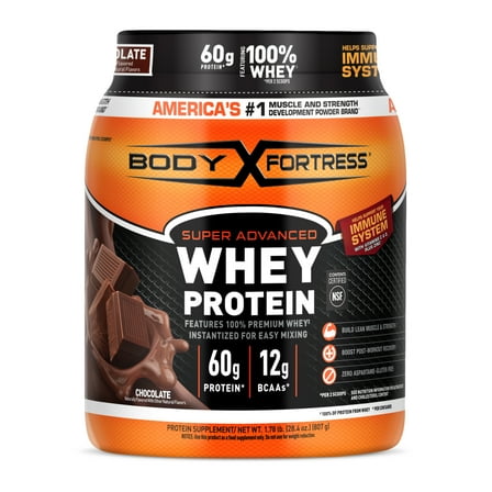 Body Fortress Super Advanced Whey Protein Powder, Chocolate, Immune Support , Vitamins C & D plus Zinc, 1.78 lbs