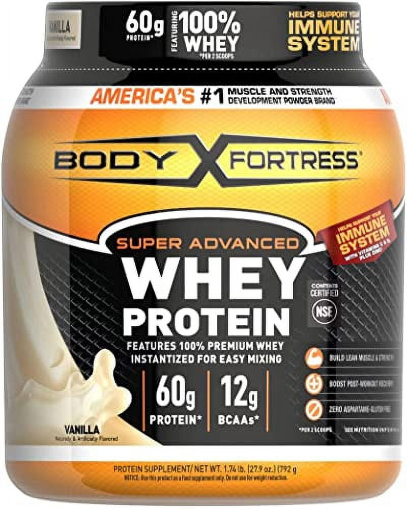 Body Fortress Super Advanced Whey Protein Powder, Vanilla, Immune Support (1), Vitamins C & D Plus Zinc, 1.74 lbs