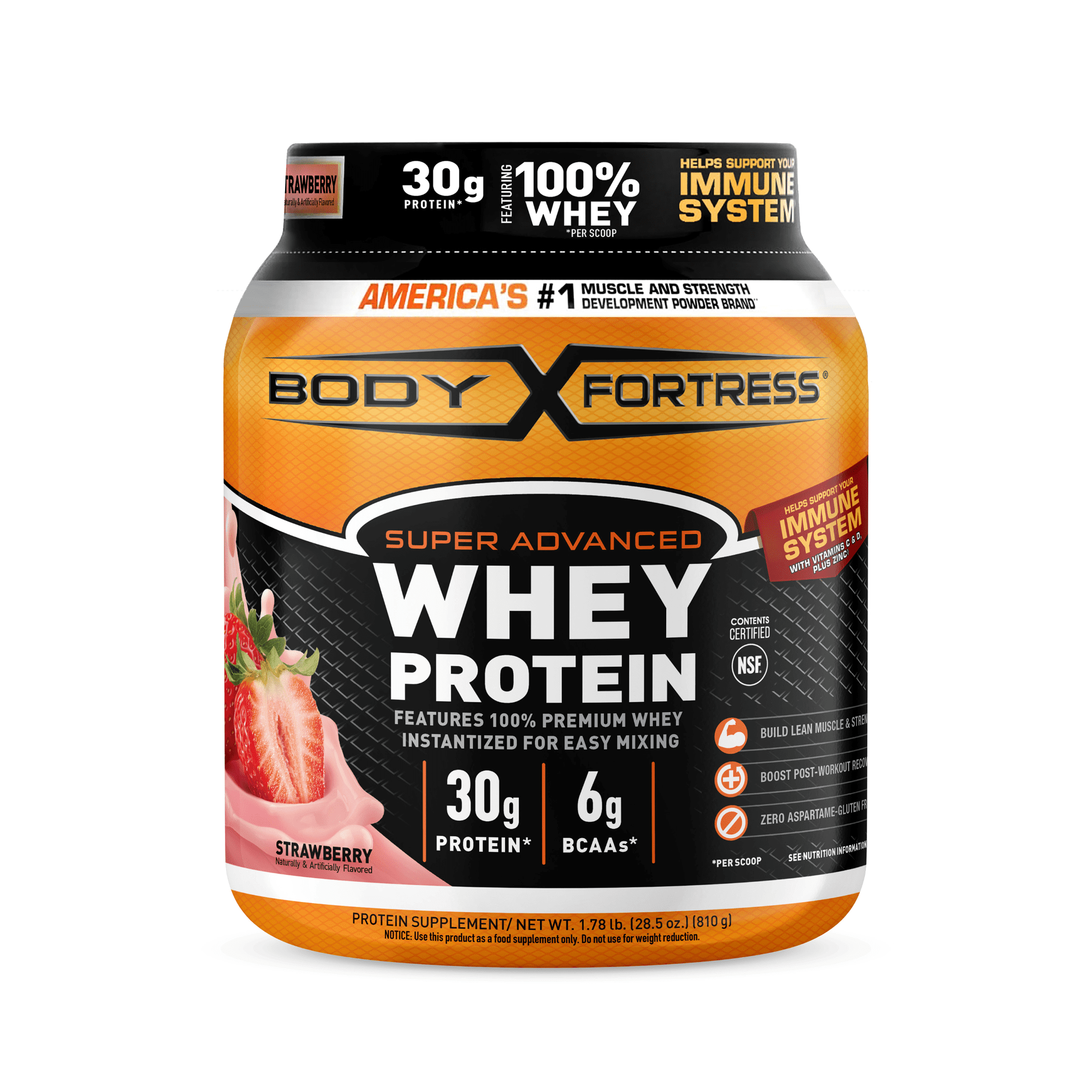 Body Fortress Whey Powder, 30g Protein Per Scoop, Strawberry, 1.78 lb