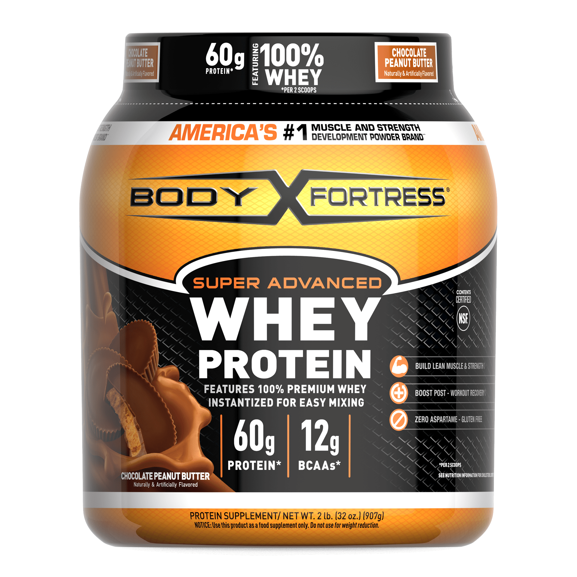 Body Fortress Whey Protein Powder, Chocolate Peanut Butter Flavored, Gluten Free, 60 G Protein Per Serving, 2 Lbs