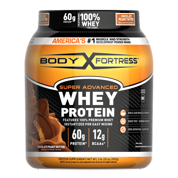 Body Fortress Whey Protein Powder, Chocolate Peanut Butter Flavored, Gluten Free, 60 G Protein Per Serving, 2 Lbs