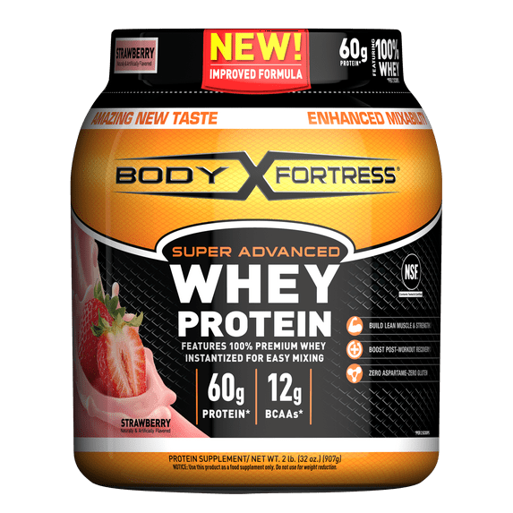 Body Fortress Whey Protein Powder, Strawberry Flavored, Gluten Free, 60 G Protein Per Serving, 2 Lbs