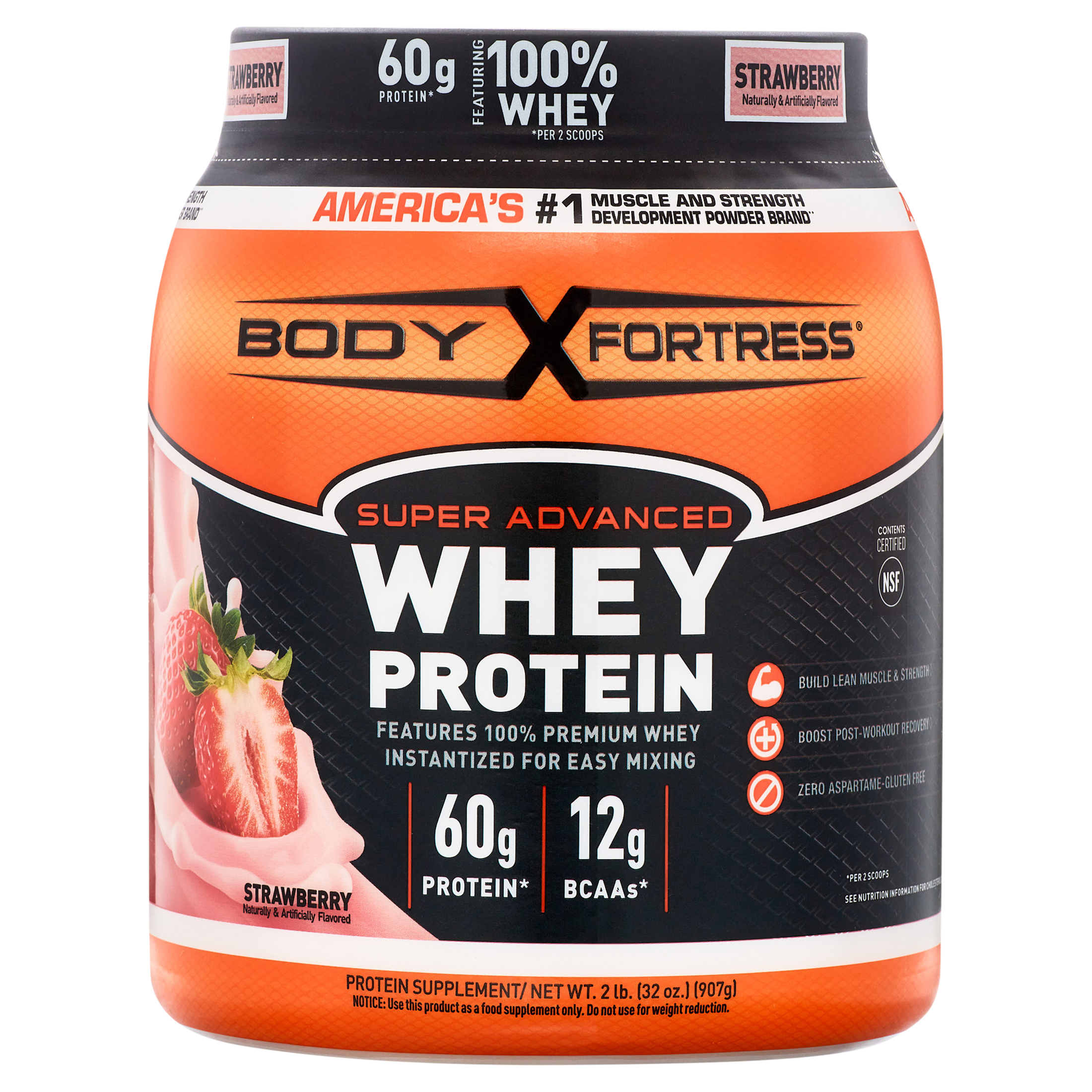 Body Fortress Whey Protein Powder, Strawberry Flavored, Gluten Free, 60 G Protein Per Serving, 2 Lbs - image 1 of 8