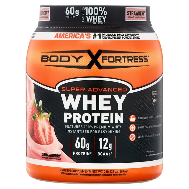 Body Fortress Whey Protein Powder, Strawberry Flavored, Gluten Free, 60 G Protein Per Serving, 2 Lbs