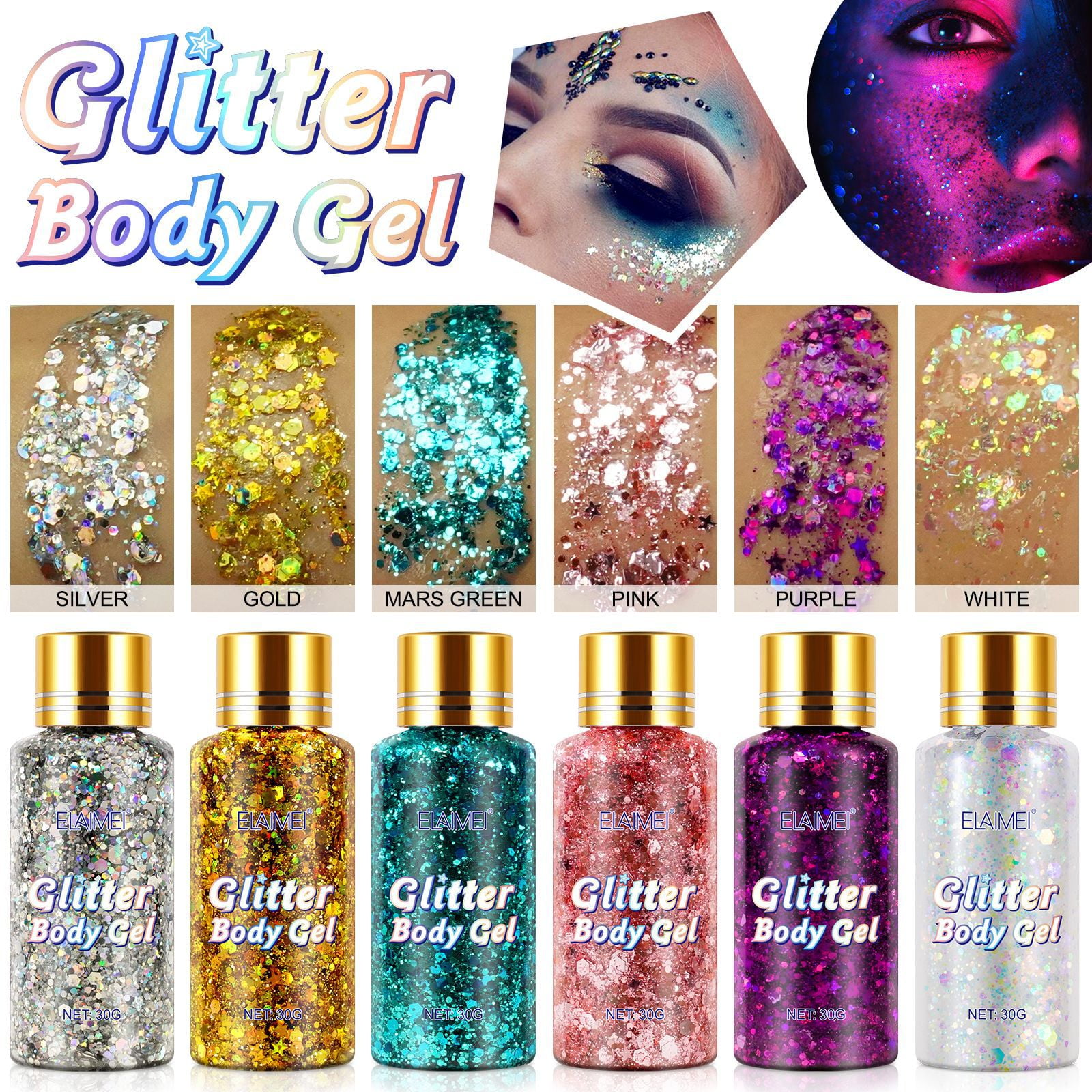 Body Gel Glitter Sets,6 Pack Mermaid Sequins Sparkling Face Glitter Hairspray,Singer Concerts
