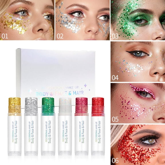 Body Glitter Stick Set for Face, Body & Hair - Chunky Sparkle Glitter, 6 Pack | Long Lasting Party Makeup for Festival, Rave, Concert & Cosplay