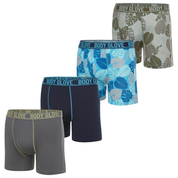 Body Glove 4-Pack Mens Underwear Boxer Briefs - Anti Chafing Long Leg Boxer Briefs for Men w/Breathable Flex Fit - L