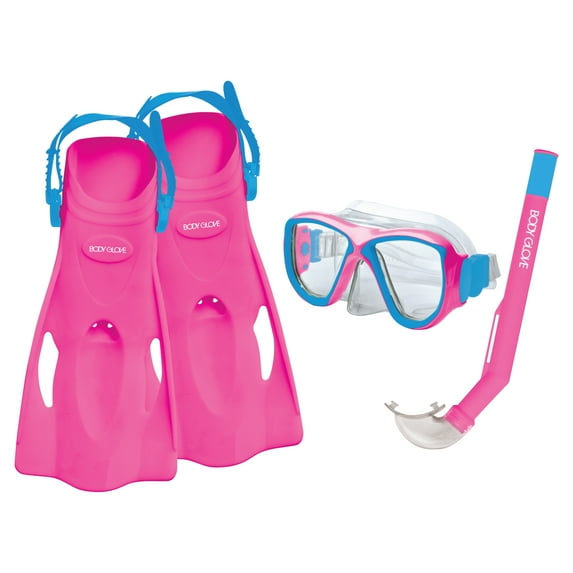 Body Glove Aquatic Mischief Kids Set - Mask, Snorkel & Fins - Complete Set - Pink/Aqua - S/M