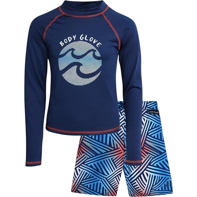 weVSwe Zwempak voor jongens, SPF 50 , lange mouwen, Rash Guard voor jongens, uv-bescherming, zwemshirt en short voor kinderen, blauwe strepen, 8 Jaar