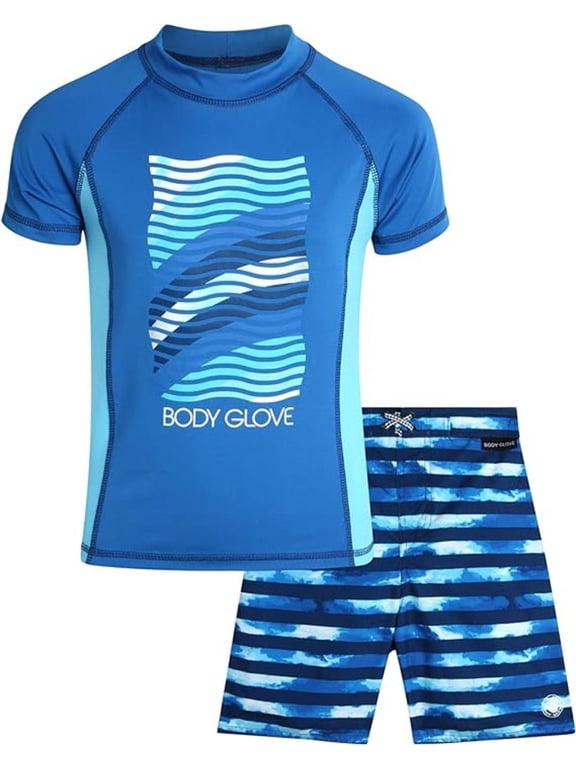 Boys’ Rash Guard Set – UPF 50+ Short Sleeve Swim Shirt and Bathing Suit Trunks – Swimwear Set for Boys (4-12)